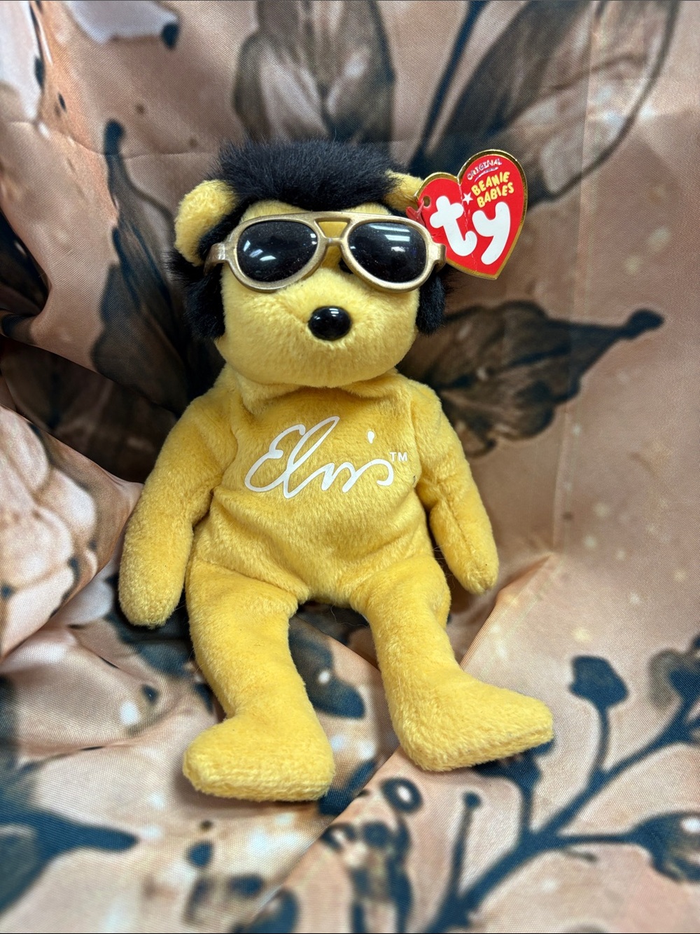 Ty Yellow Elvis Plush Dog with Black Hair and Sunglasses